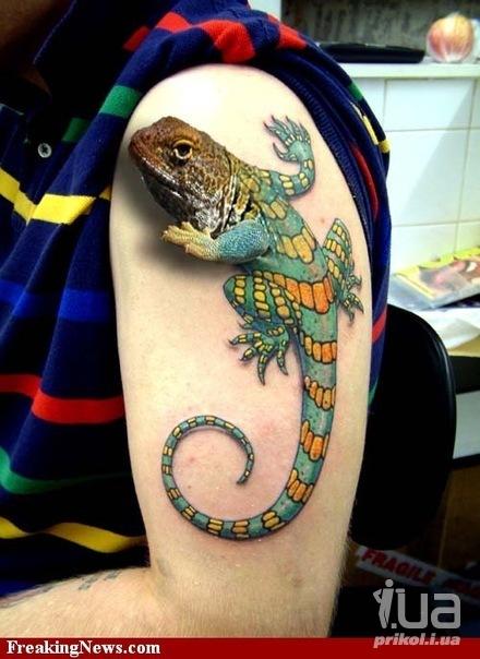 Татуировка объемной цветной 3d-ящерицы на левой руке